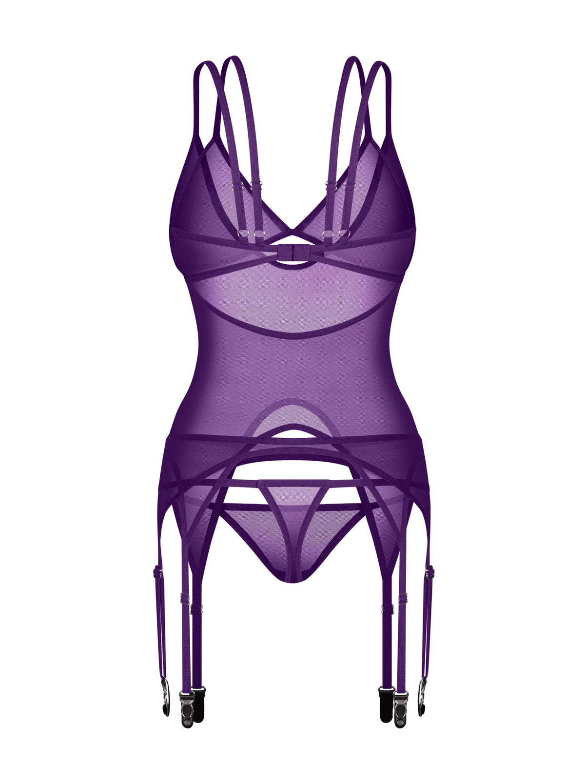 Obsessive Vibres violet corset featuring a back cutout, soft cups, non-detachable garter straps, and a matching thong.