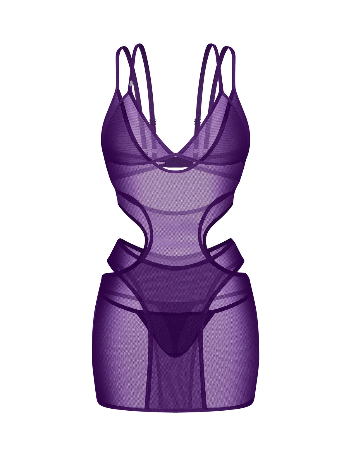 Obsessive Vibres violet dress featuring half-circular cutouts, double-lined soft cups, and a matching thong.