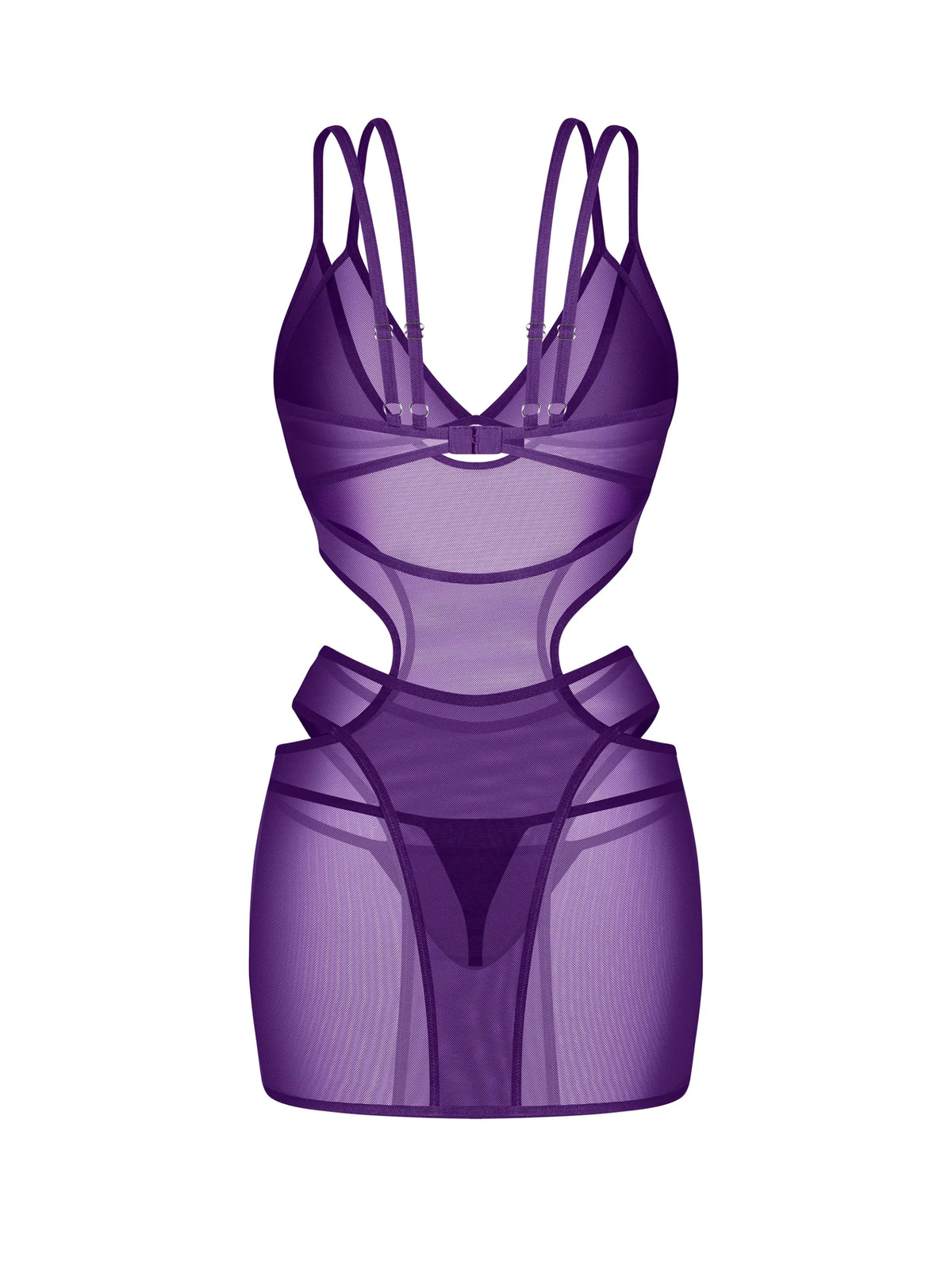 Obsessive Vibres violet dress featuring half-circular cutouts, double-lined soft cups, and a matching thong.