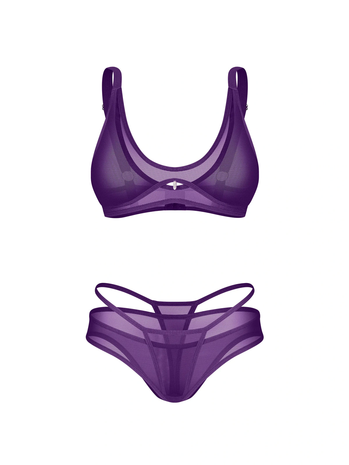 Obsessive Vibres violet 2-piece lingerie set featuring a soft-cup bra, sheer mesh panties with hip cut-outs, and decorative straps.