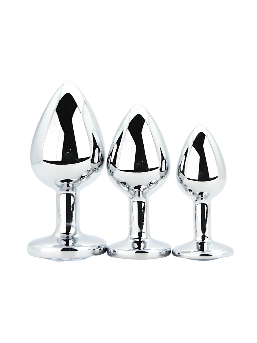 Metal Butt Plug Silver Set of 3 Clear Stone