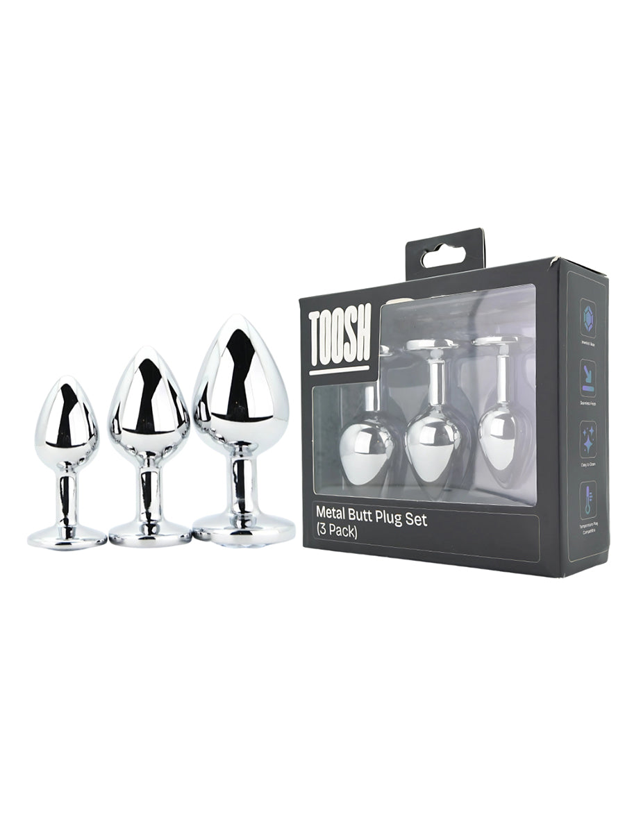 Metal Butt Plug Silver Set of 3 Clear Stone