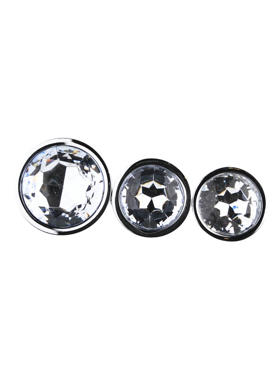 Metal Butt Plug Silver Set of 3 Clear Stone