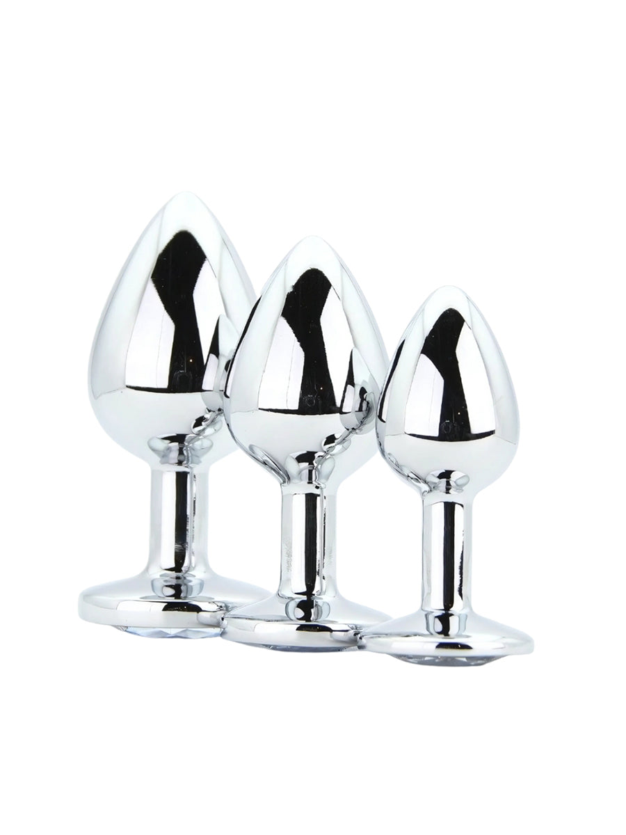 Metal Butt Plug Silver Set of 3 Clear Stone